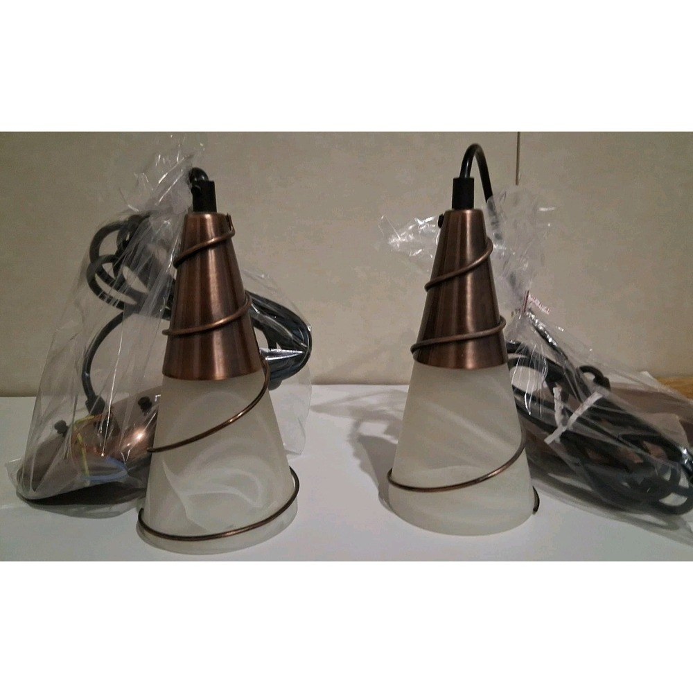 Pair of Copper and Glass Cone Pendant Lights Made in Italy "Missing 1 bulb "